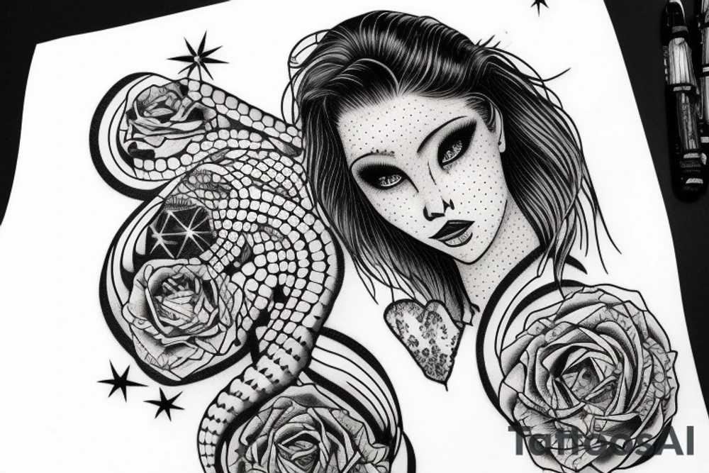 Stars over eyes lady naturally cool mullet tattoo idea