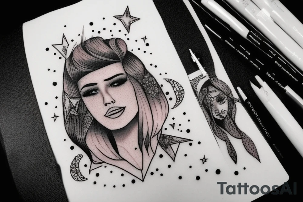 Stars over eyes lady naturally cool mullet tattoo idea