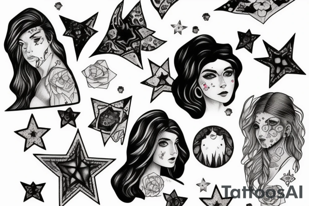 Stars over eyes lady naturally cool mullet tattoo idea