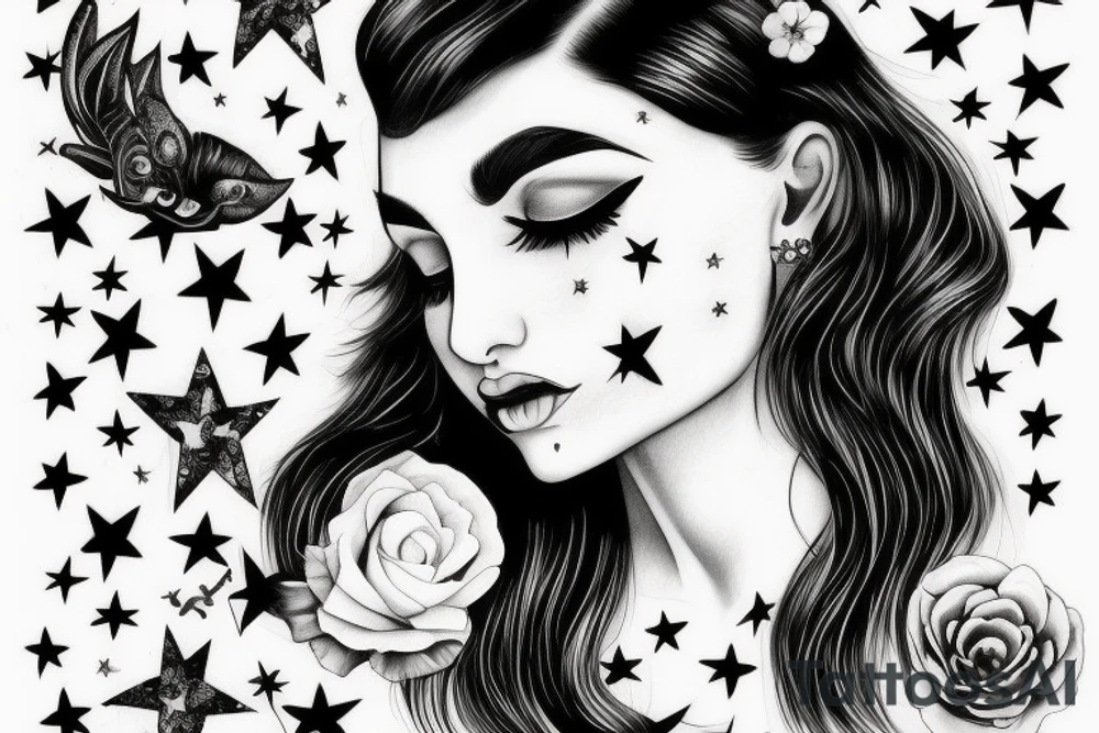Stars over eyes lady naturally cool mullet tattoo idea