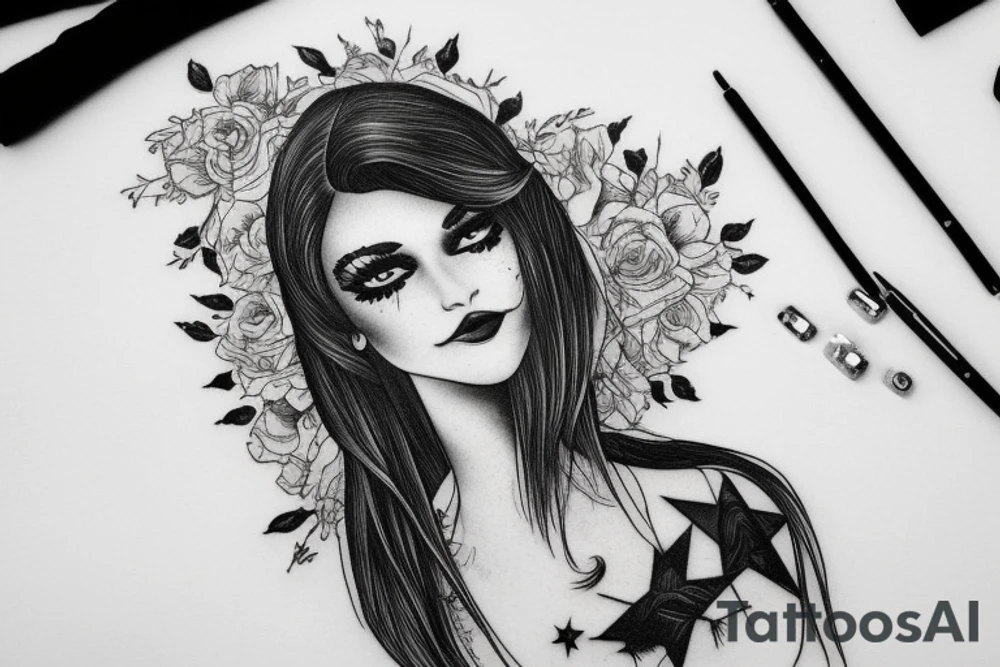 Stars over eyes lady naturally cool mullet tattoo idea