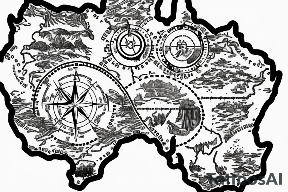Outline of Australia with a compass in centre tattoo idea