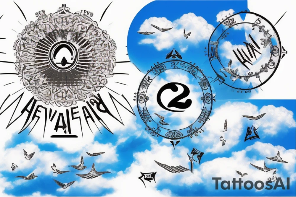 Stairway to heaven with light and clouds, two white doves, number 22 below the clouds and an infinity sign with a cross tattoo idea