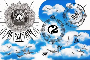 Stairway to heaven with light and clouds, two white doves, number 22 below the clouds and an infinity sign with a cross tattoo idea