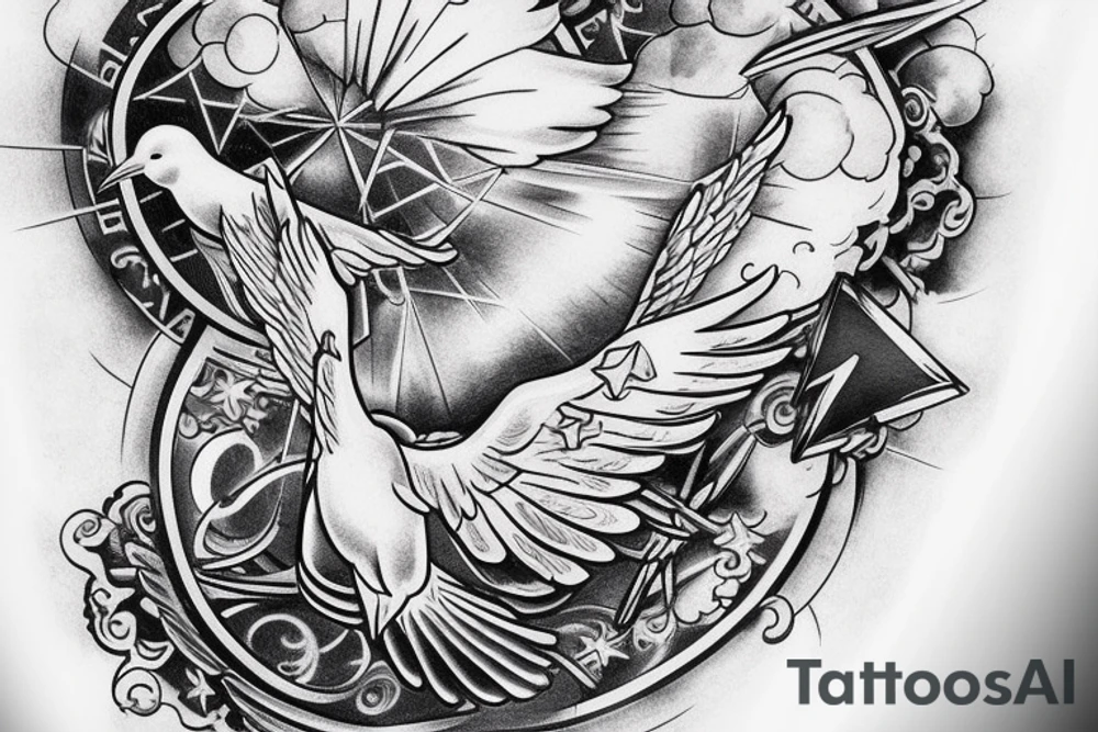 Stairway to heaven with light and clouds, two white doves, number 22 below the clouds and an infinity sign with a cross tattoo idea