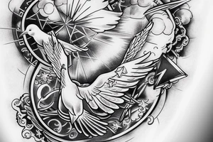 Stairway to heaven with light and clouds, two white doves, number 22 below the clouds and an infinity sign with a cross tattoo idea