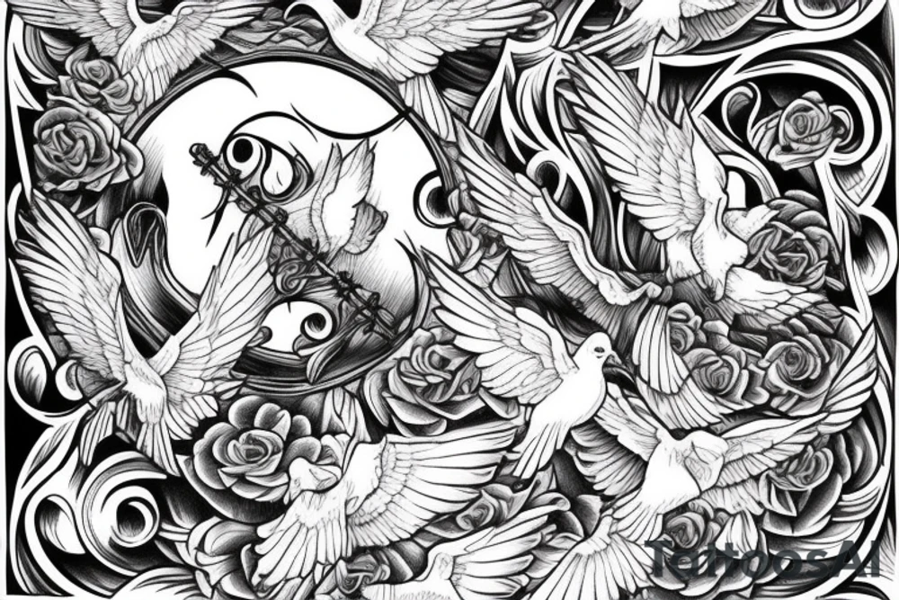 Staircase to heaven with doves and cross tattoo idea