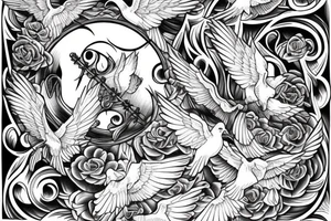 Staircase to heaven with doves and cross tattoo idea