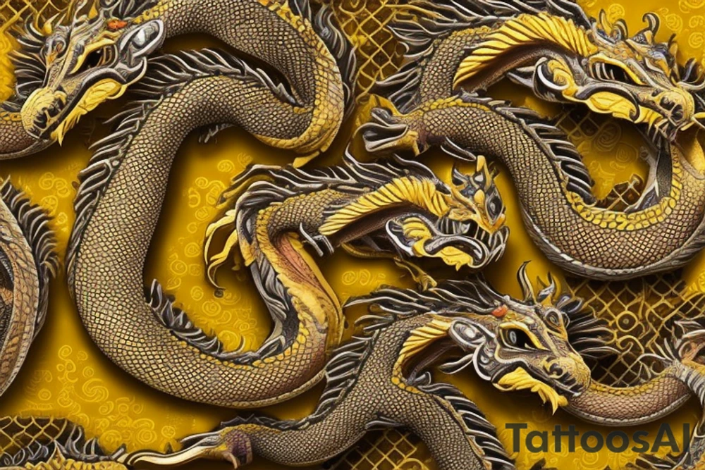 three stylized dragon heads arranged in a circular formation. Each of the dragon heads has two curved horns on the top of its head, with intricate details and textures, and a gold and silver color palette. The dragon's eyes are glowing yellow and the mouths are open as if breathing fire. The dragon heads are different, but they all have the same style, with sharp features and a fierce expression. The three heads are positioned in such a way that they are facing each other, creating a sense of unity and cooperation among them. The words "The Elder Scrolls Online" are written in a simple font, in white letters on a black background, placed directly below the dragon's heads. tattoo idea