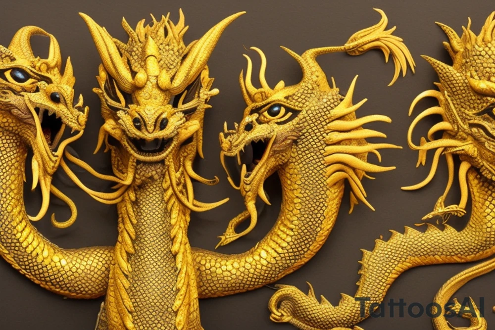 three stylized dragon heads arranged in a circular formation. Each of the dragon heads has two curved horns on the top of its head, with intricate details and textures, and a gold and silver color palette. The dragon's eyes are glowing yellow and the mouths are open as if breathing fire. The dragon heads are different, but they all have the same style, with sharp features and a fierce expression. The three heads are positioned in such a way that they are facing each other, creating a sense of unity and cooperation among them. The words "The Elder Scrolls Online" are written in a simple font, in white letters on a black background, placed directly below the dragon's heads. tattoo idea