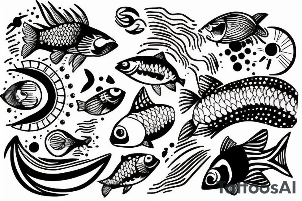 black and white saturn with fish instead of rings tattoo idea