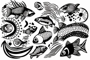 black and white saturn with fish instead of rings tattoo idea