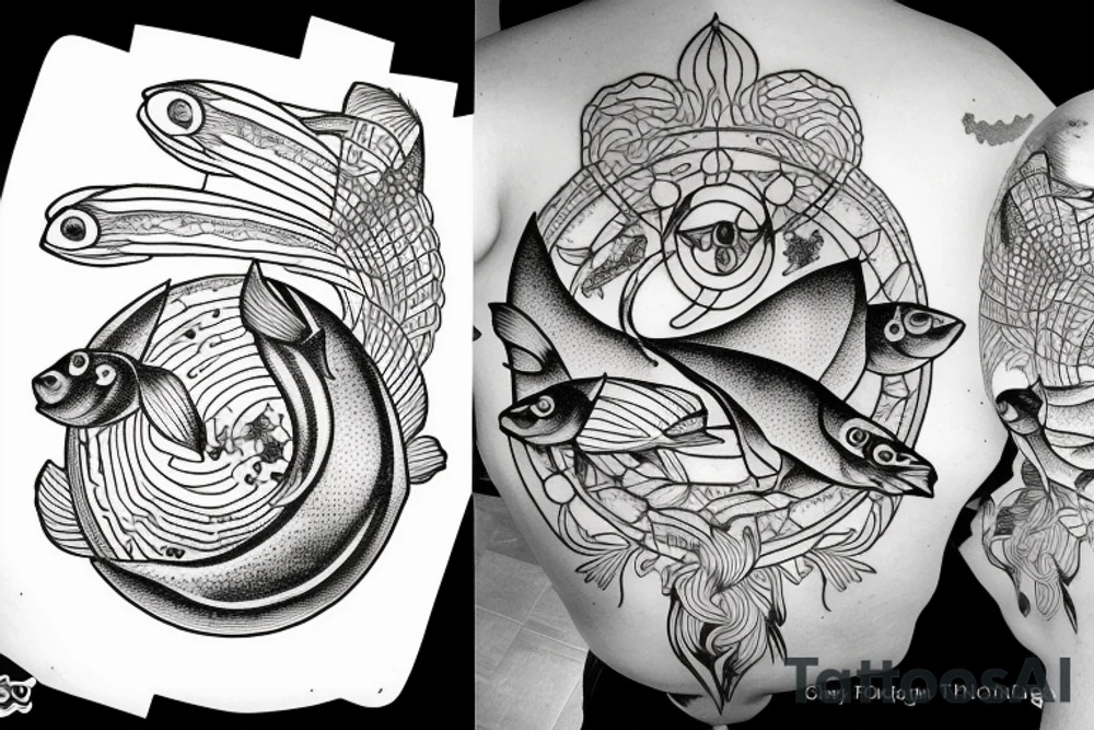 black and white saturn with fish instead of rings tattoo idea
