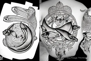 black and white saturn with fish instead of rings tattoo idea