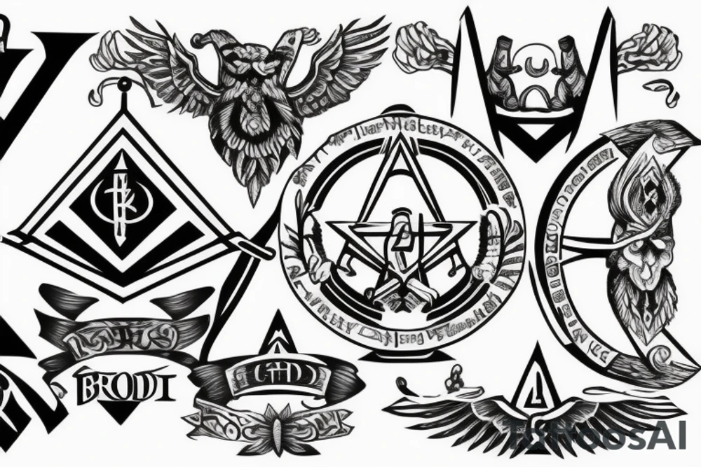 The word “brotherhood” with a Masonic symbol behind it tattoo idea