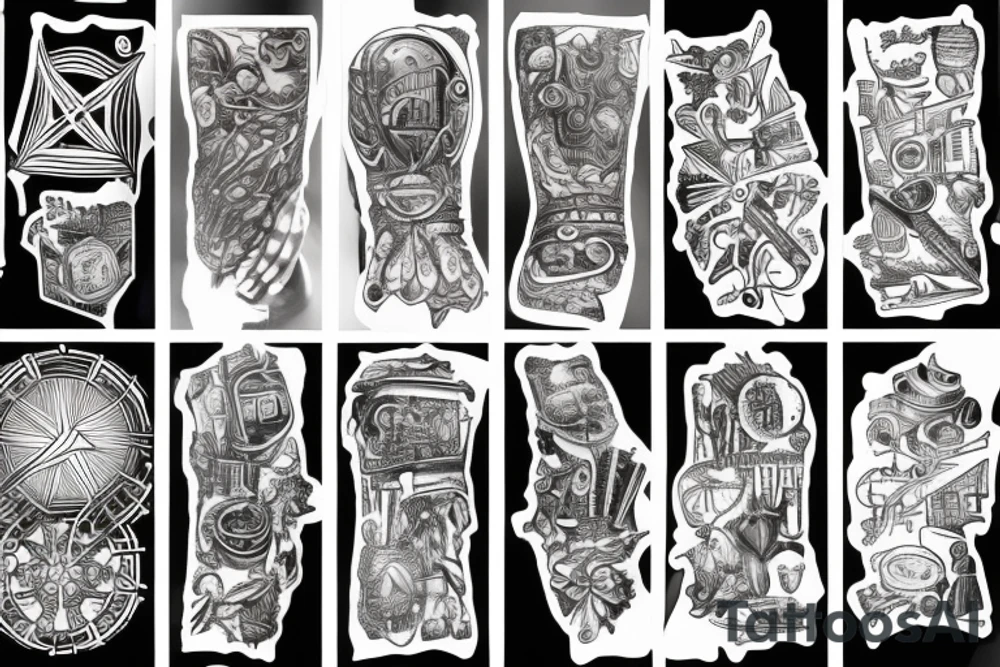 Futuristic full hand tattoo. Germany, Ukraine, science, crypto, travel, sailing, trading, money, power, extreme sport, masterpiece, competition tattoo idea