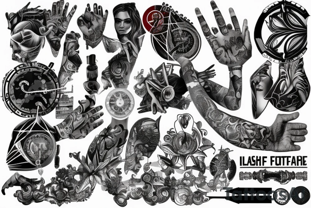 Futuristic full hand tattoo. Germany, Ukraine, science, crypto, travel, sailing, trading, money, power, extreme sport, masterpiece, competition tattoo idea