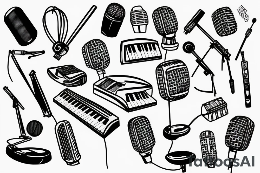 Microphone with piano keys and on shoulder tattoo idea