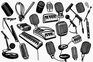 Microphone with piano keys and on shoulder tattoo idea
