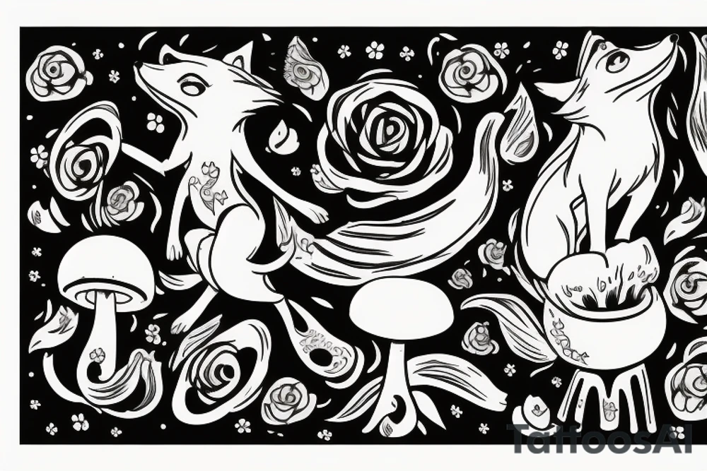 Fox leaping with fores in background and toadstools in front tattoo idea