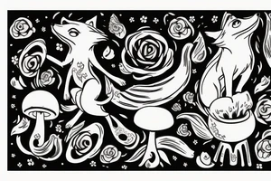 Fox leaping with fores in background and toadstools in front tattoo idea