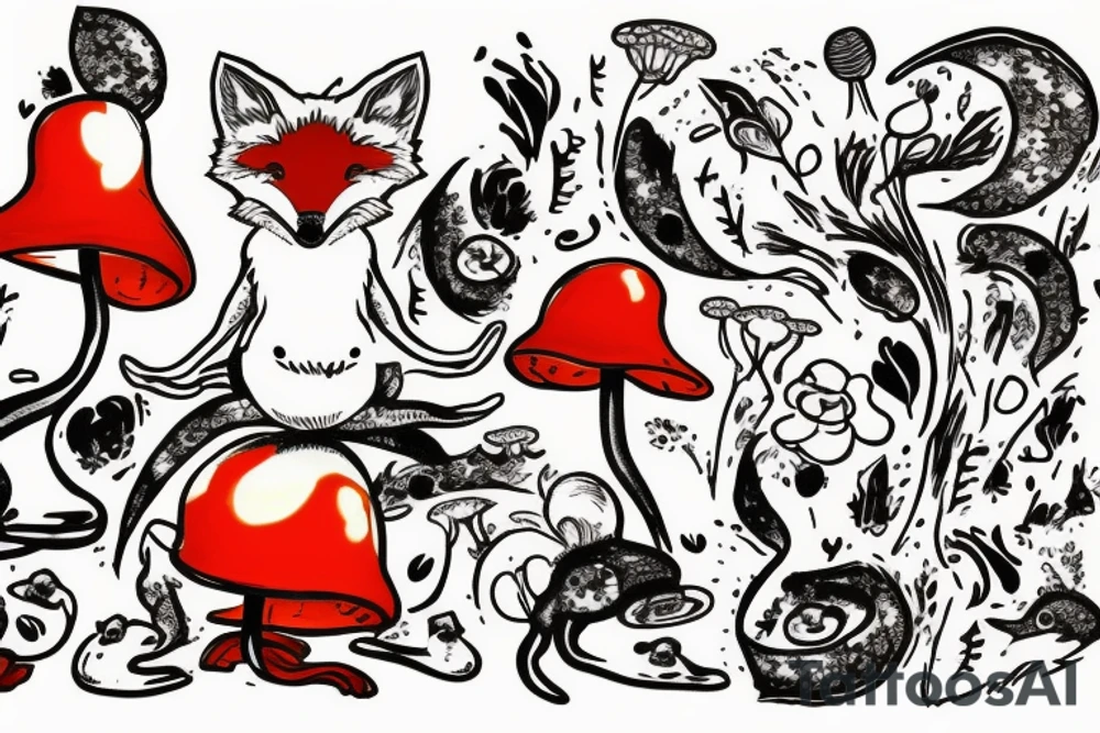 Fox leaping with fores in background and toadstools in front tattoo idea
