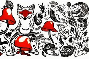 Fox leaping with fores in background and toadstools in front tattoo idea