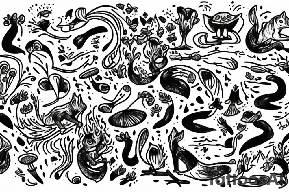Fox leaping with fores in background and toadstools in front tattoo idea