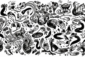 Fox leaping with fores in background and toadstools in front tattoo idea