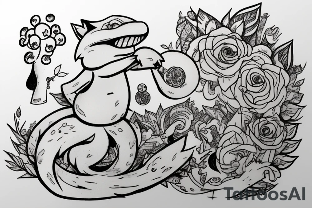 Fox leaping with fores in background and toadstools in front tattoo idea