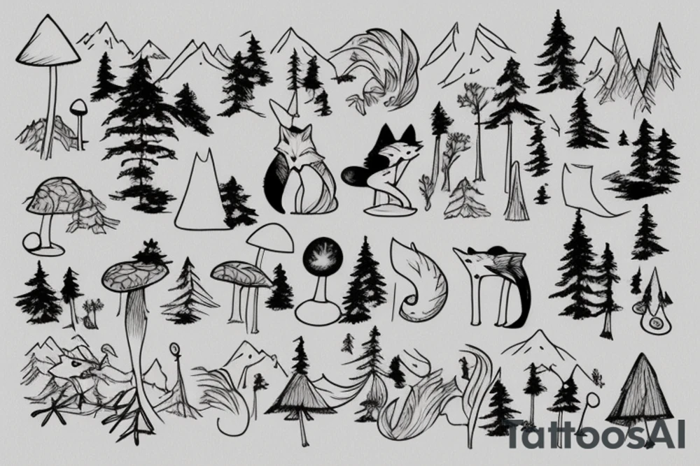 Fox leaping with pine trees in background and toadstools in foreground tattoo idea