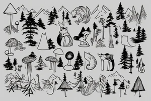 Fox leaping with pine trees in background and toadstools in foreground tattoo idea