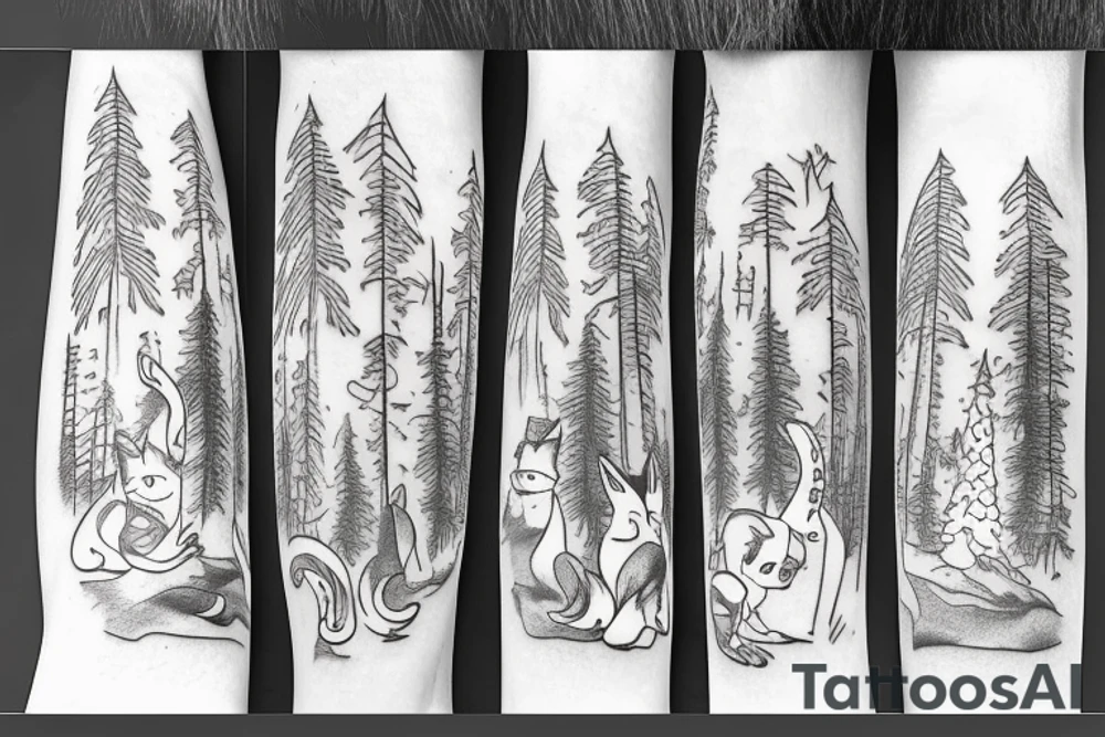Fox leaping with pine trees in background and toadstools in foreground tattoo idea