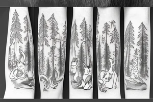 Fox leaping with pine trees in background and toadstools in foreground tattoo idea