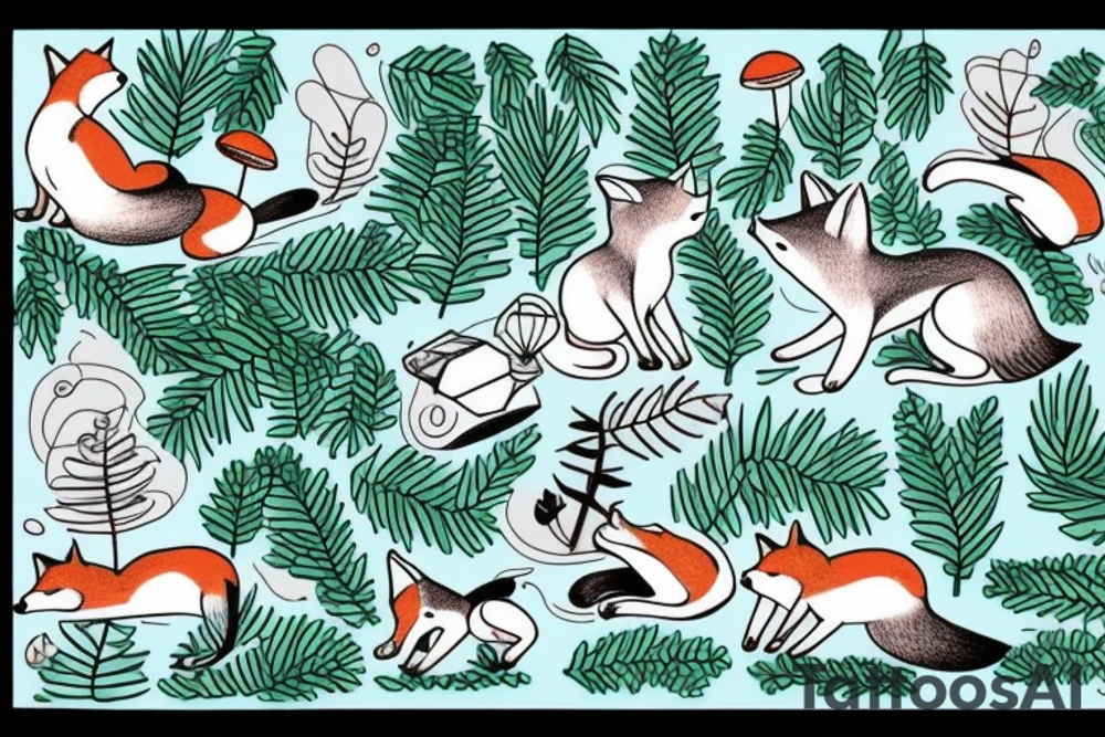 Fox leaping with pine trees in background and toadstools in foreground tattoo idea