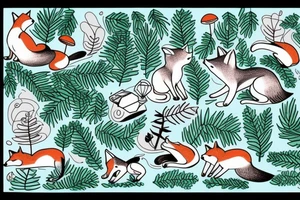 Fox leaping with pine trees in background and toadstools in foreground tattoo idea