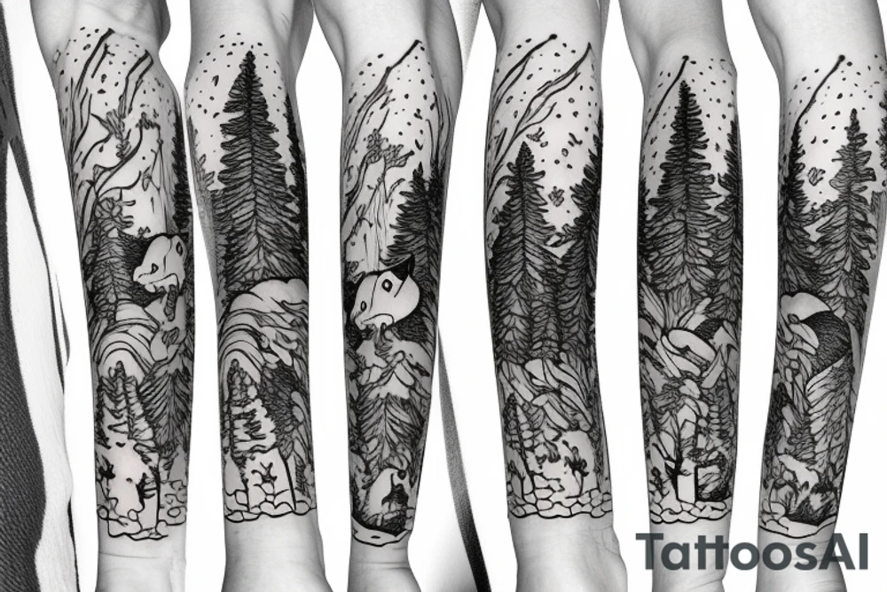 Fox leaping with pine trees in background and toadstools in foreground tattoo idea