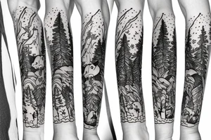 Fox leaping with pine trees in background and toadstools in foreground tattoo idea