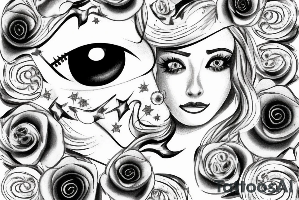 White star eye patches glamorous lady tattoo idea