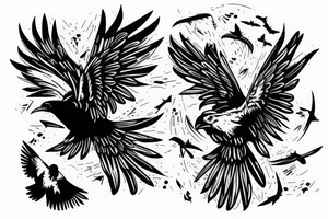 A raven flying. Split into pieces tattoo idea