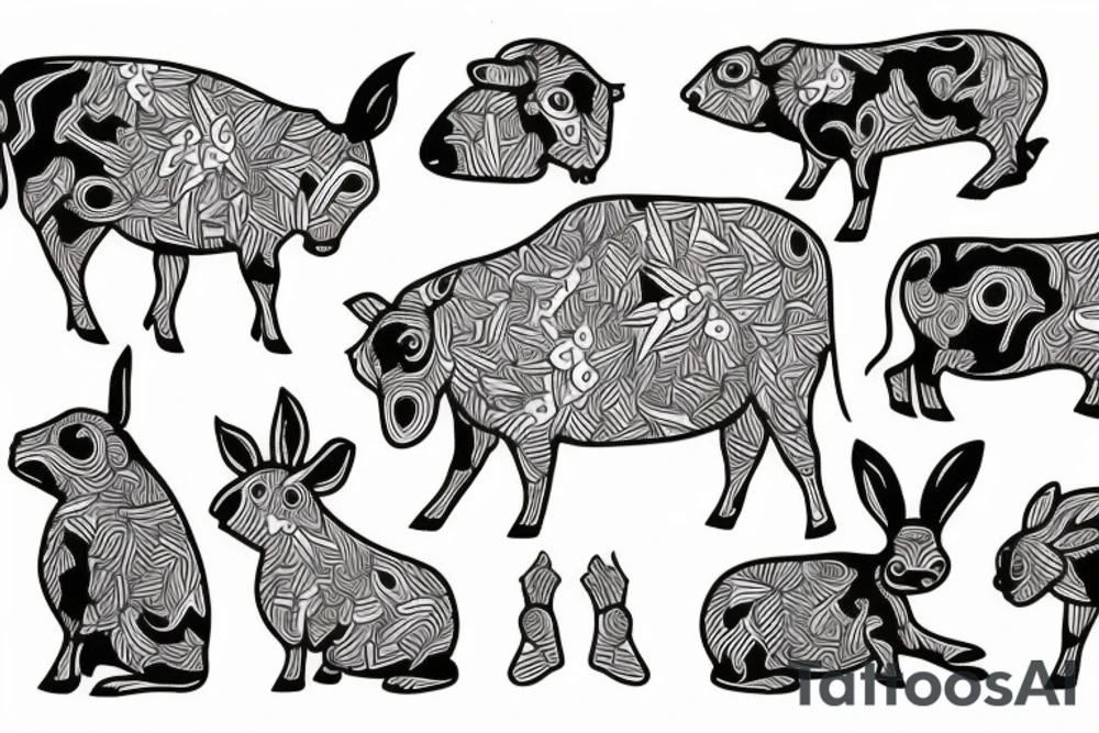 Psychedelic cow, monkey, bunny tattoo idea