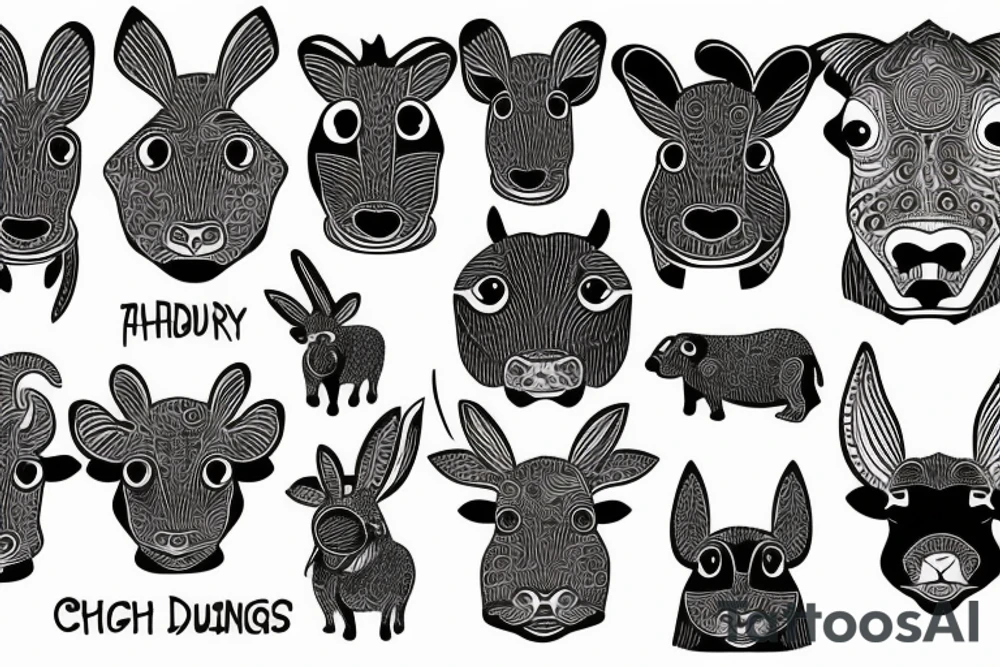 Psychedelic cow, monkey, bunny tattoo idea