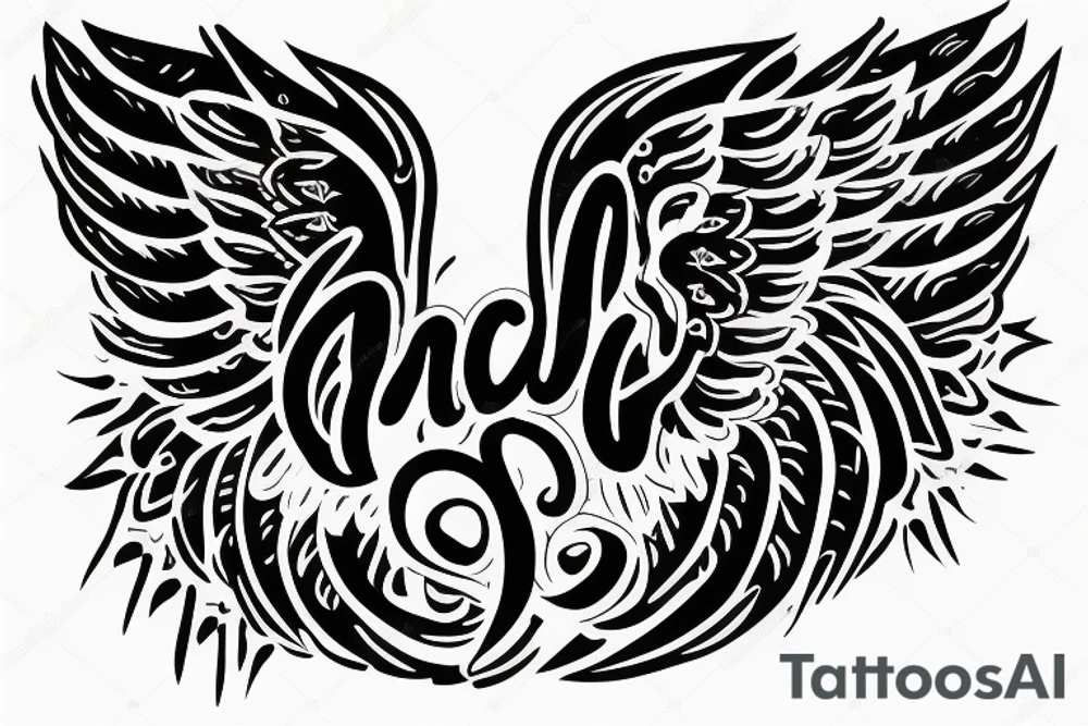 "Payal" text written with cursive style. Angel wings on left and right side tattoo idea