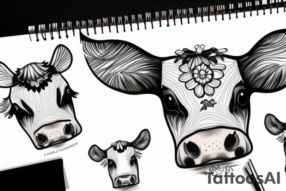 Outline cow head with big glossy eyes tattoo idea