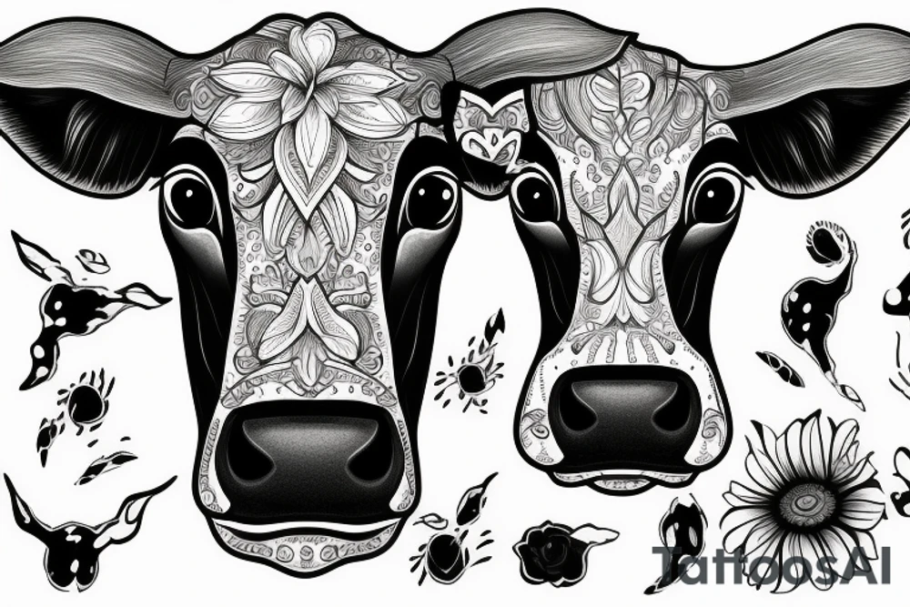 Outline cow head with big glossy eyes tattoo idea