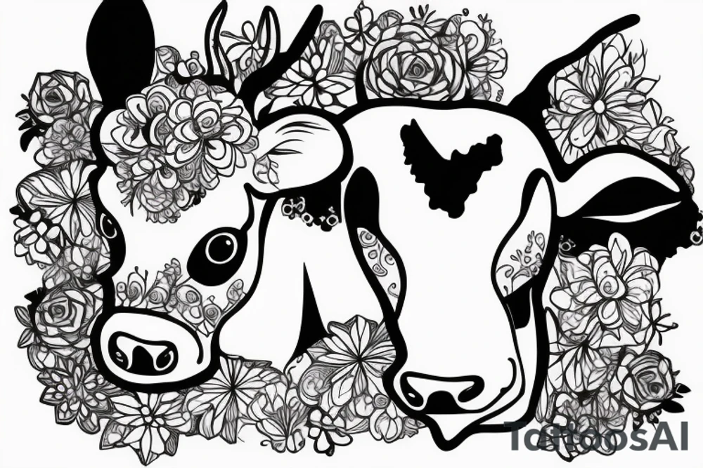 Outline cow head with big glossy eyes tattoo idea