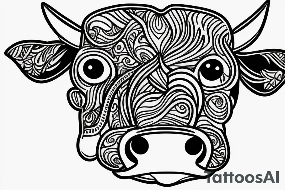 Outline cow head with big glossy eyes tattoo idea