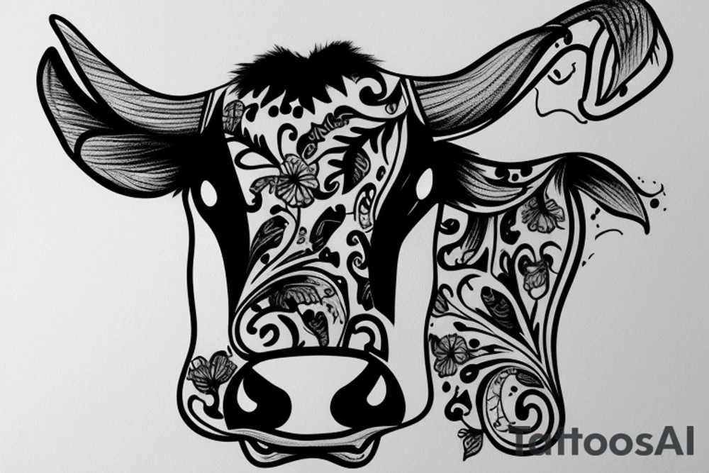 Outline cow head with big glossy eyes tattoo idea