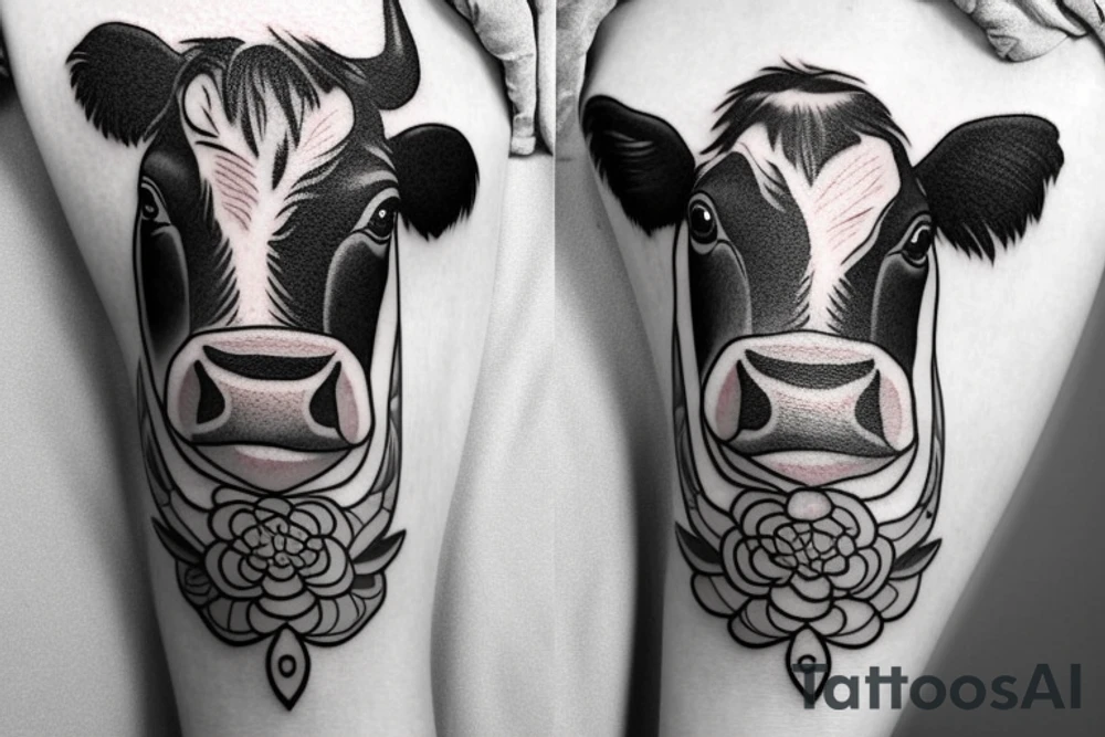 Outline cow head with big glossy eyes tattoo idea