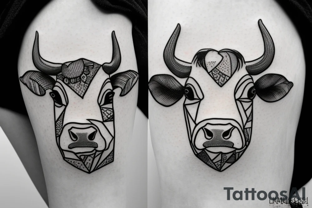 Outline cow head with big glossy eyes tattoo idea